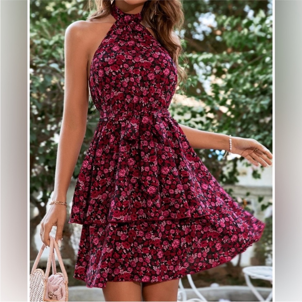 Rose Floral Print Layered Ruffle Hem Belted Halter Dress